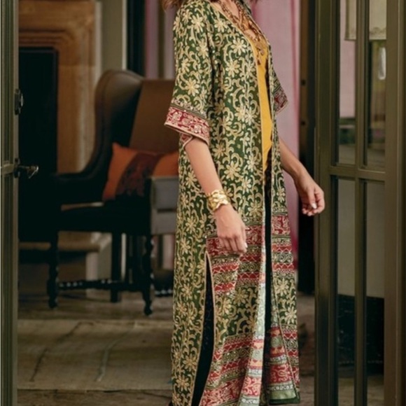 Soft Surroundings Soft Tariji Topper Green Gold Open Front Kimono Women’s M - Picture 2 of 13